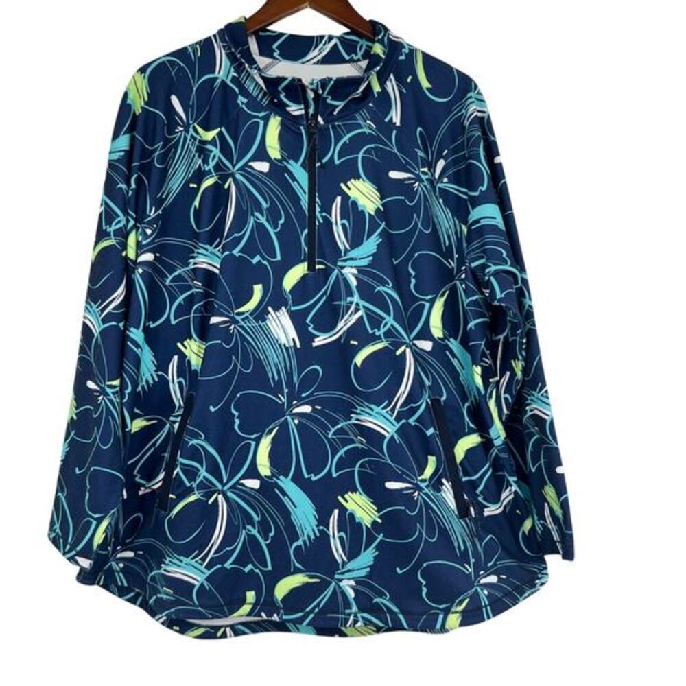 NEW Talbots Pullover Navy Floral Quarter Zip UPF 50 Stretch pockets plus size 2X